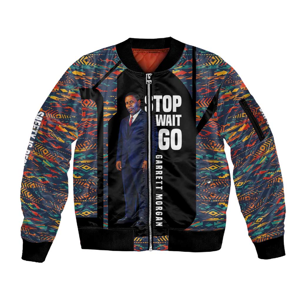 Garrett Morgan Sleeve Zip Bomber Jacket with Full Body Portrait, Stop Wait Go Quote, Traffic Light Design - African Pride