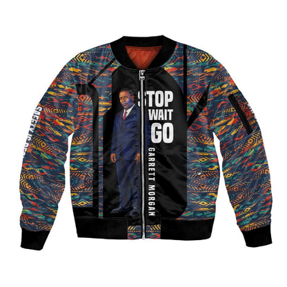 Garrett Morgan Sleeve Zip Bomber Jacket with Full Body Portrait, Stop Wait Go Quote, Traffic Light Design - African Pride
