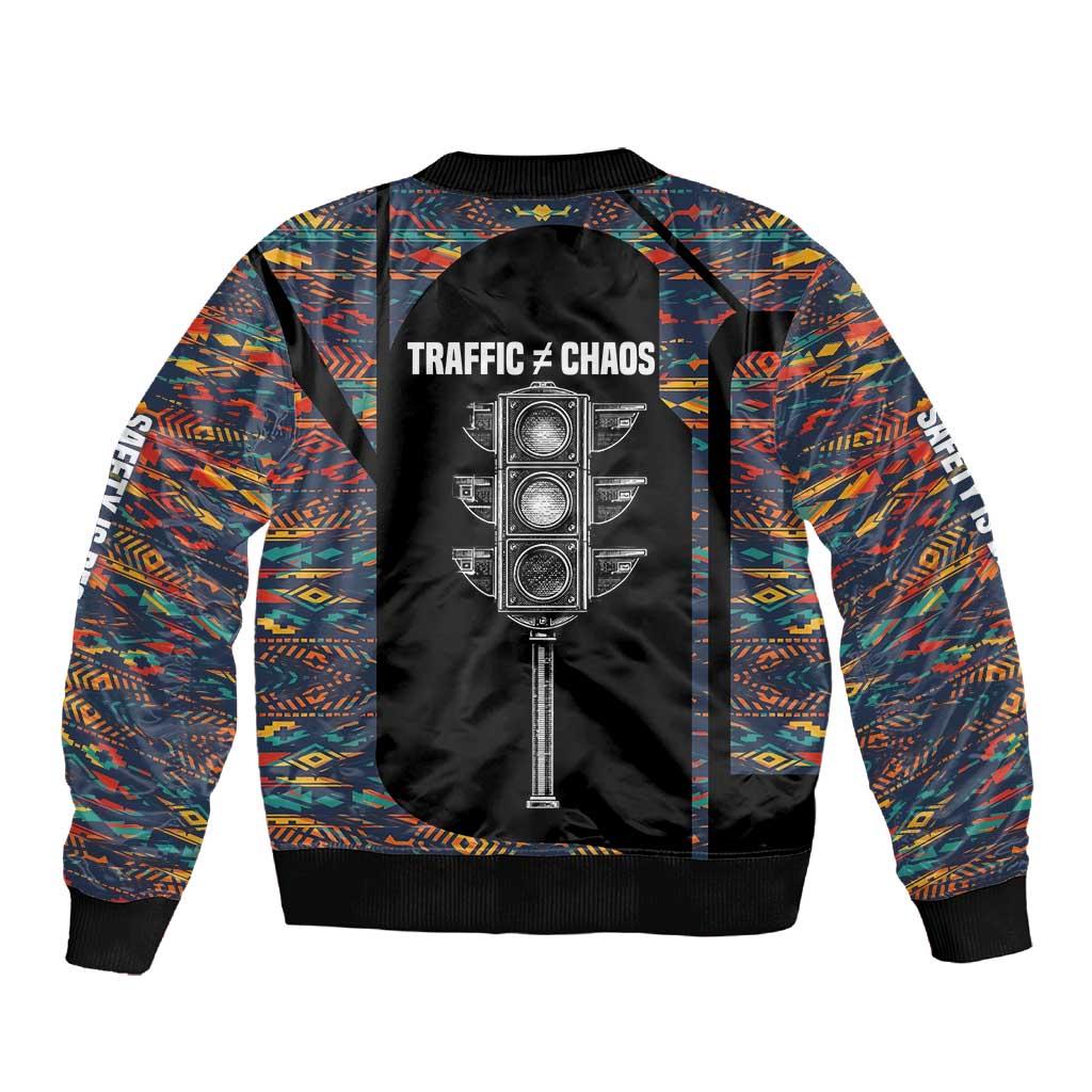 Garrett Morgan Sleeve Zip Bomber Jacket with Full Body Portrait, Stop Wait Go Quote, Traffic Light Design - African Pride