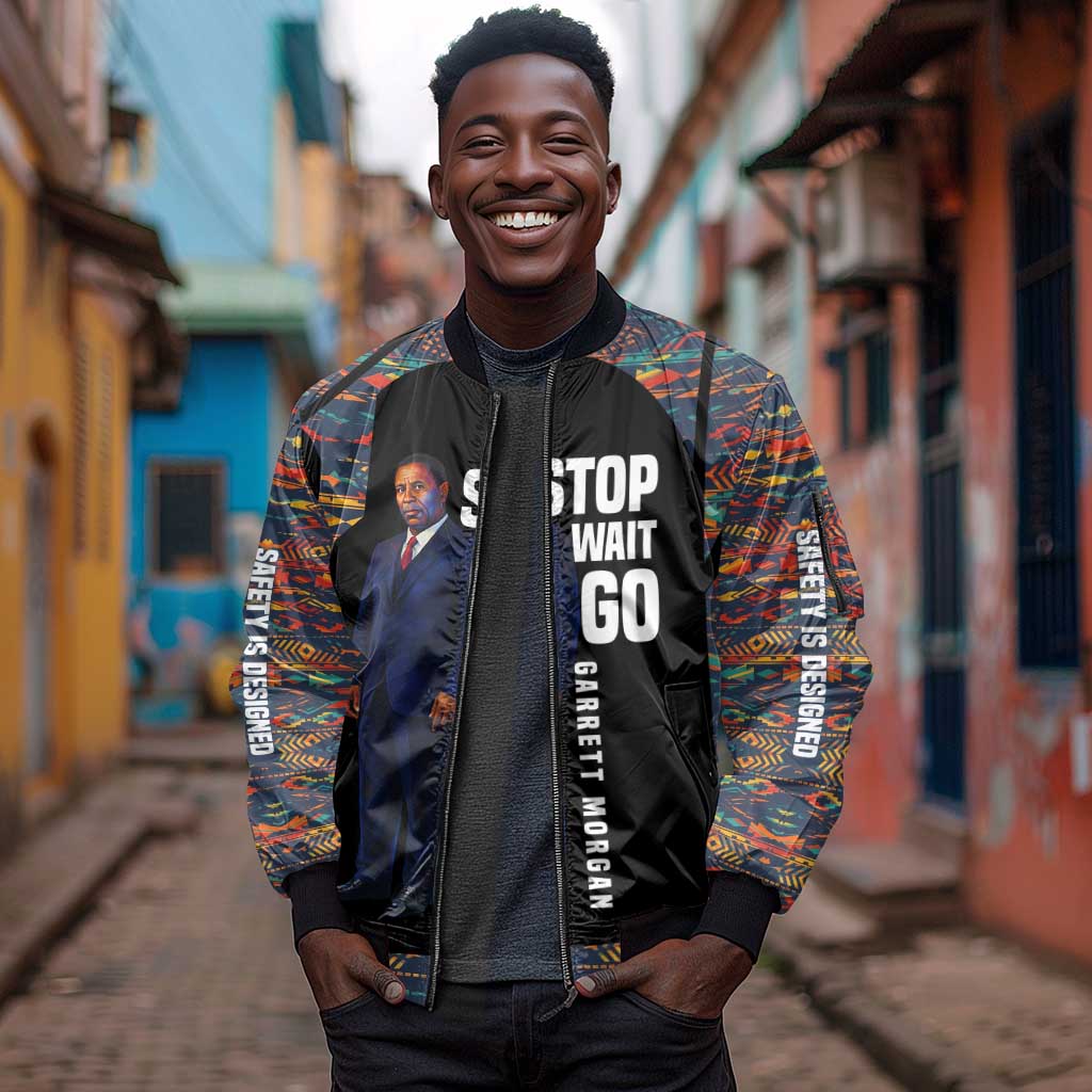 Garrett Morgan Sleeve Zip Bomber Jacket with Full Body Portrait, Stop Wait Go Quote, Traffic Light Design - African Pride