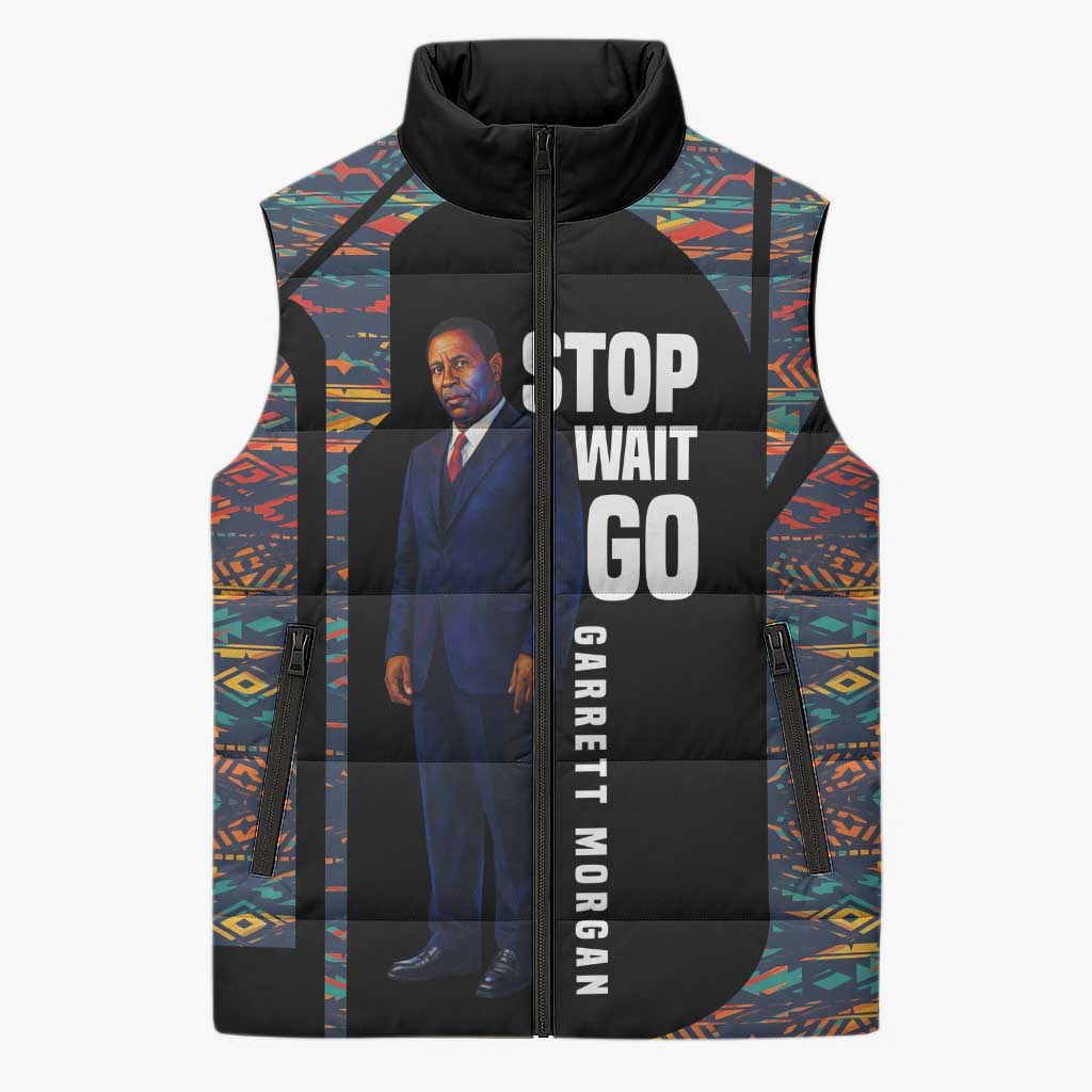 Garrett Morgan Sleeveless Puffer Jacket with Full Body Portrait, Stop Wait Go Quote, Traffic Light Design - African Pride