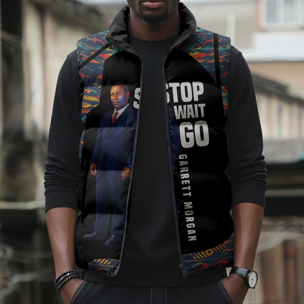 Garrett Morgan Sleeveless Puffer Jacket with Full Body Portrait, Stop Wait Go Quote, Traffic Light Design - African Pride