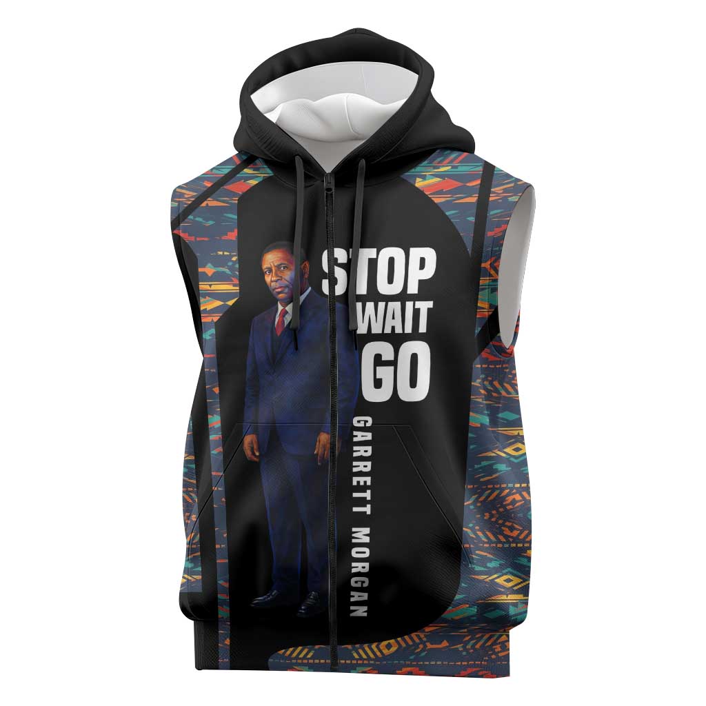 Garrett Morgan Sleeveless Zip Hoodie with Full Body Portrait, Stop Wait Go Quote, Traffic Light Design - African Pride