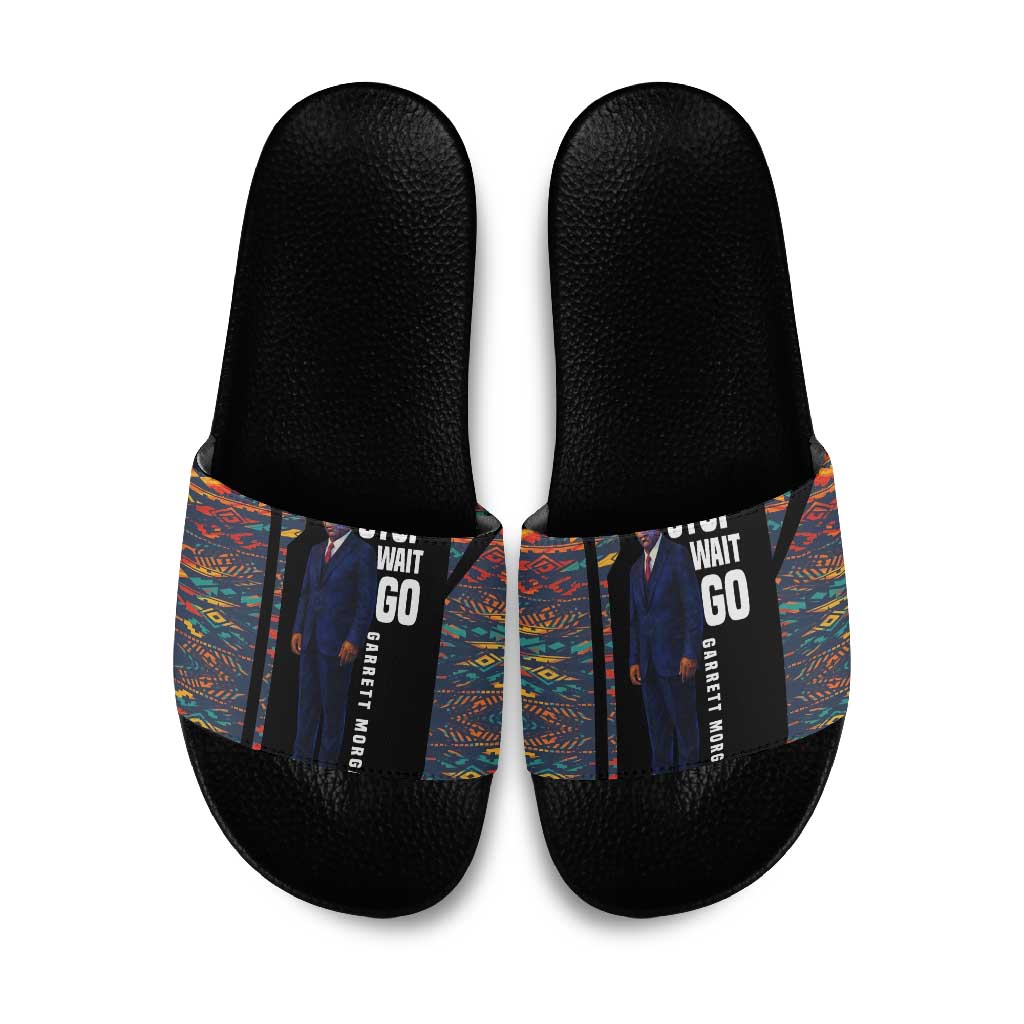 Garrett Morgan Slide Sandals with Full Body Portrait, Stop Wait Go Quote, Traffic Light Design - African Pride
