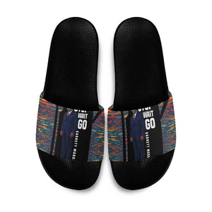 Garrett Morgan Slide Sandals with Full Body Portrait, Stop Wait Go Quote, Traffic Light Design - African Pride