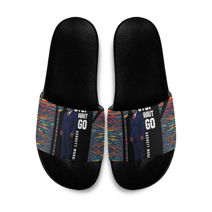 Garrett Morgan Slide Sandals with Full Body Portrait, Stop Wait Go Quote, Traffic Light Design - African Pride