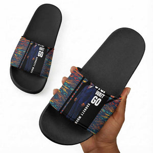Garrett Morgan Slide Sandals with Full Body Portrait, Stop Wait Go Quote, Traffic Light Design - African Pride