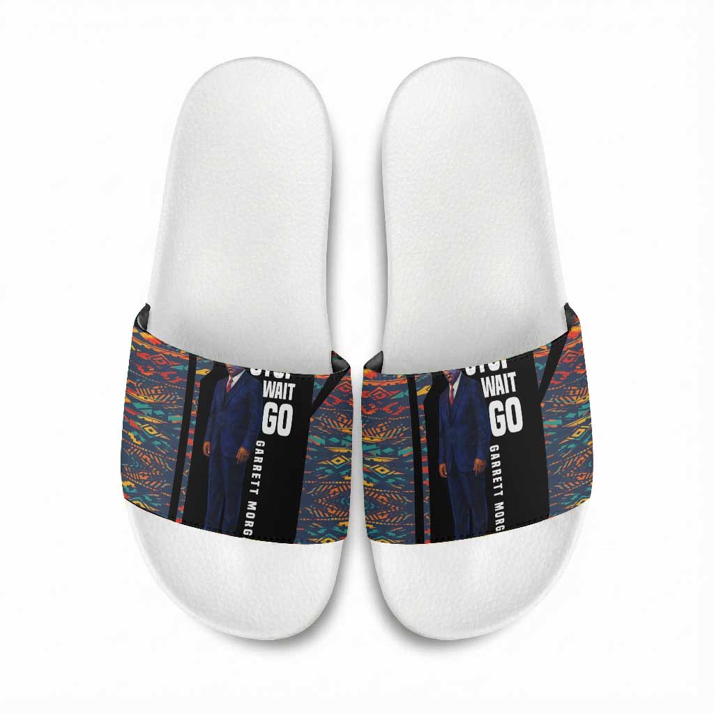 Garrett Morgan Slide Sandals with Full Body Portrait, Stop Wait Go Quote, Traffic Light Design - African Pride