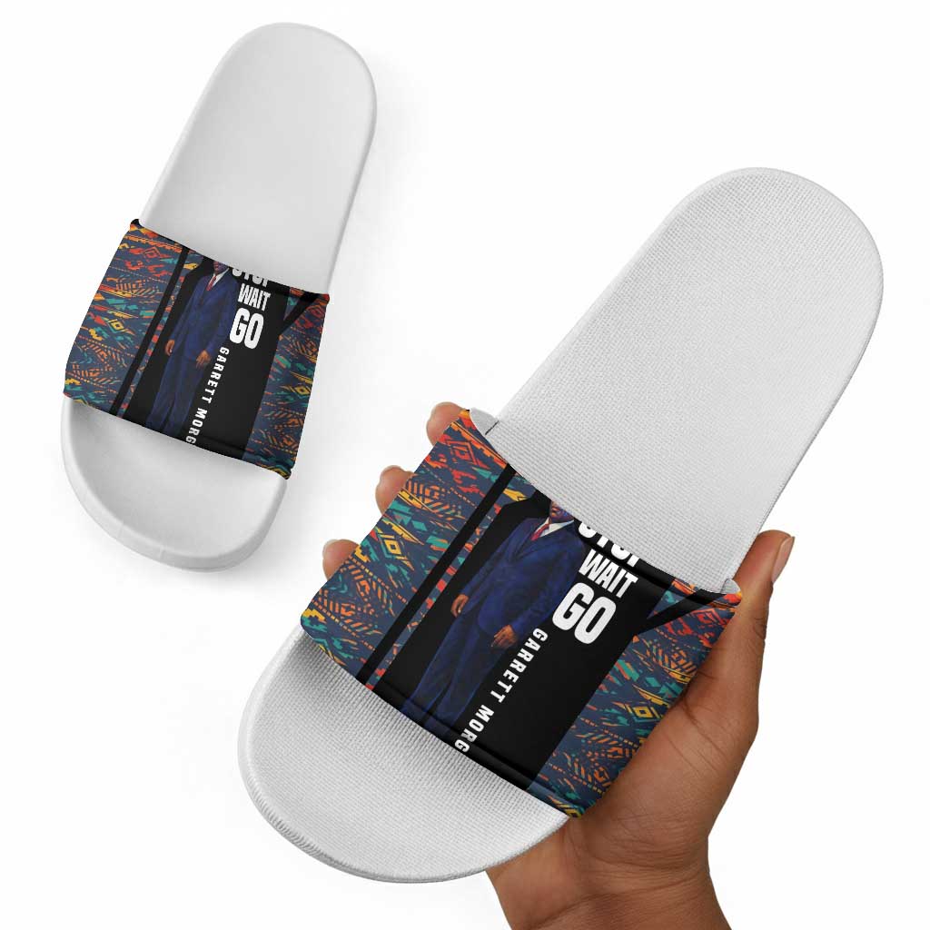 Garrett Morgan Slide Sandals with Full Body Portrait, Stop Wait Go Quote, Traffic Light Design - African Pride