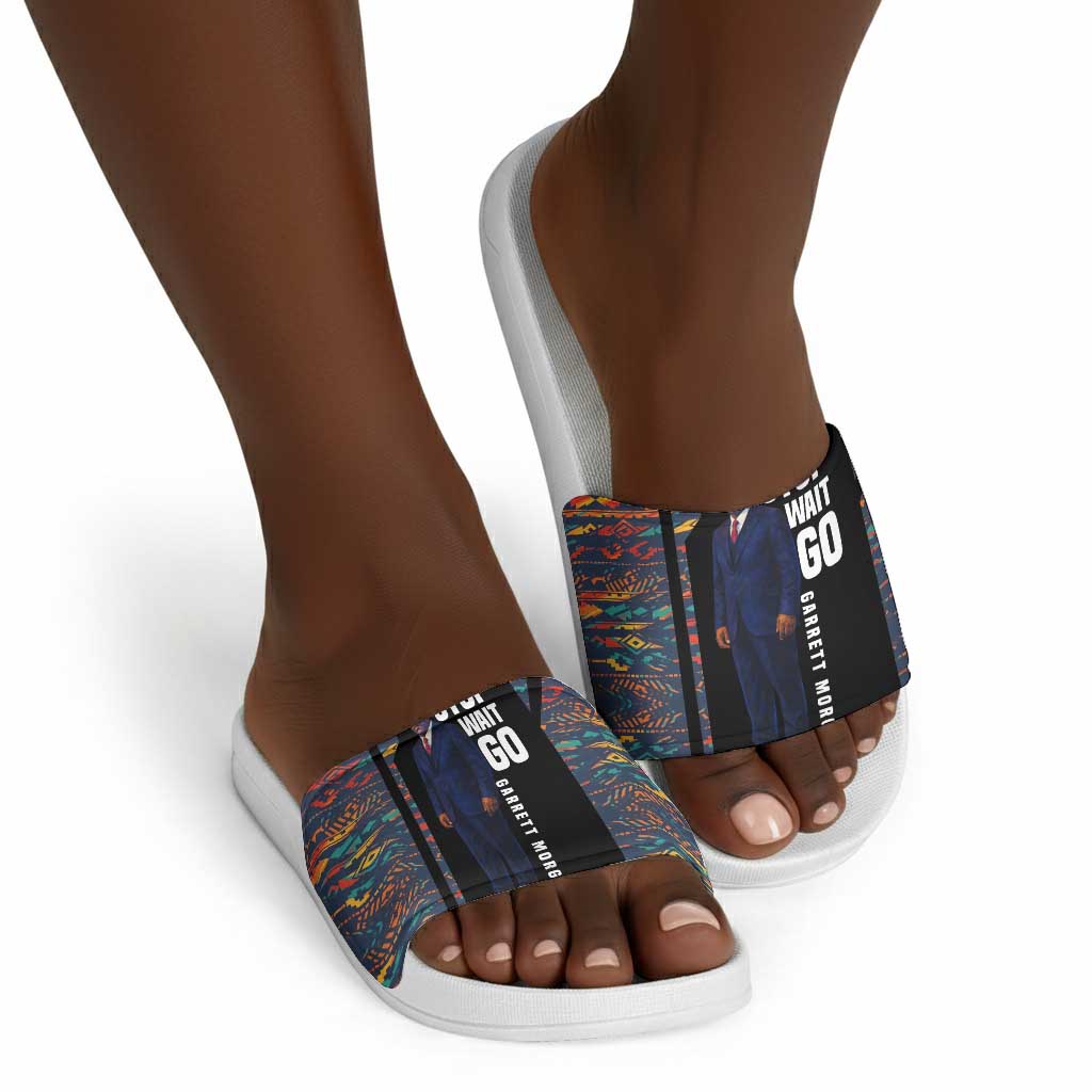 Garrett Morgan Slide Sandals with Full Body Portrait, Stop Wait Go Quote, Traffic Light Design - African Pride