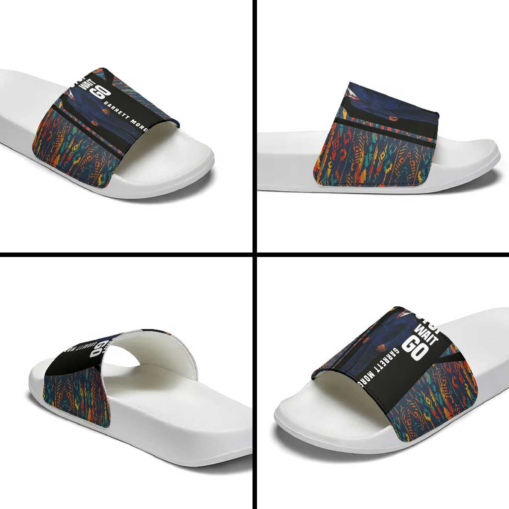 Garrett Morgan Slide Sandals with Full Body Portrait, Stop Wait Go Quote, Traffic Light Design - African Pride