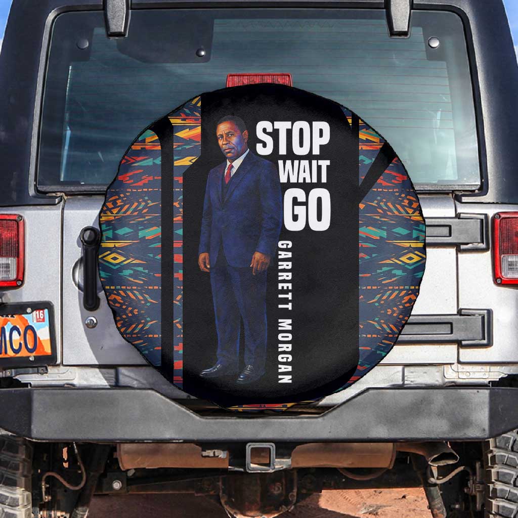 Garrett Morgan Spare Tire Cover with Full Body Portrait, Stop Wait Go Quote, Traffic Light Design - African Pride