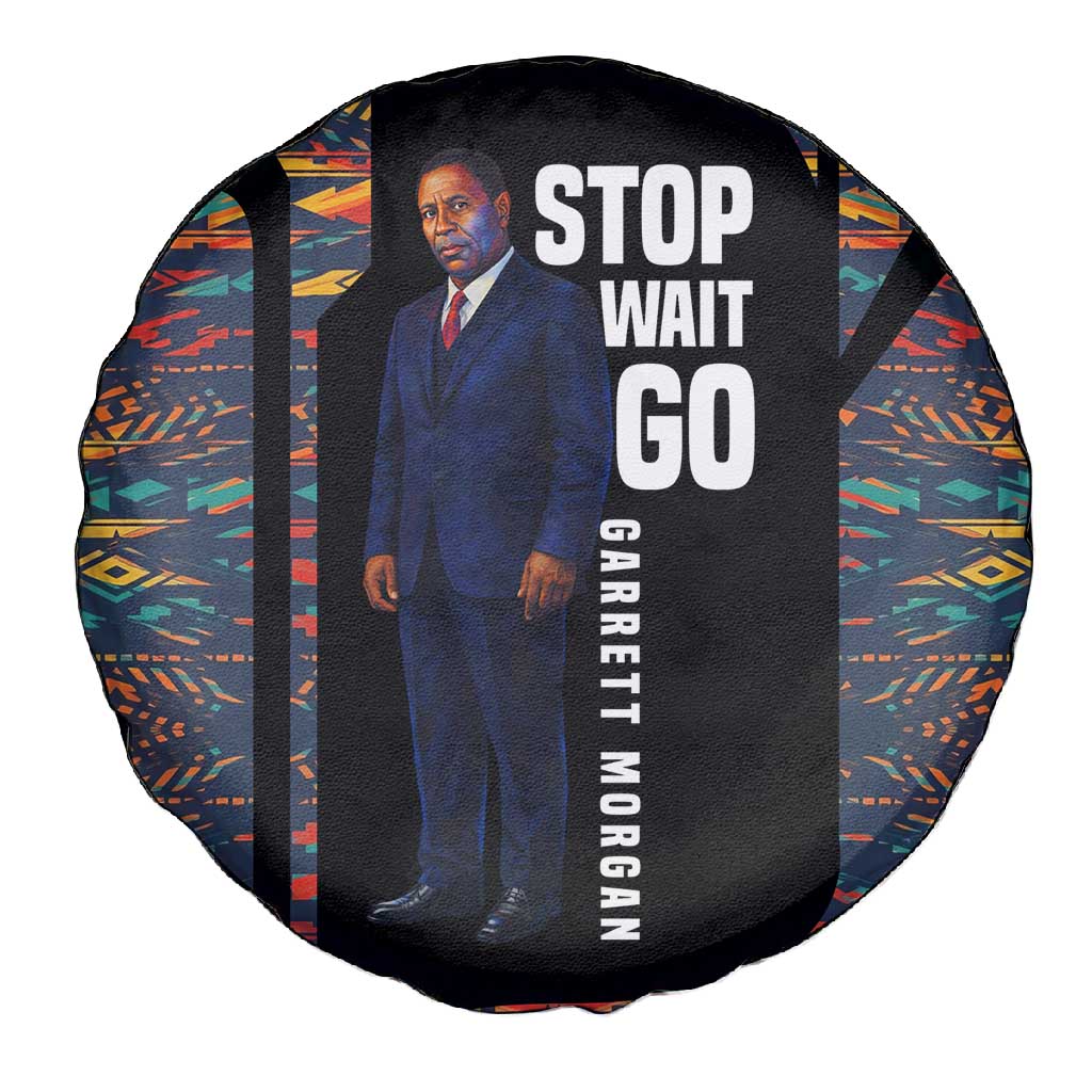 Garrett Morgan Spare Tire Cover with Full Body Portrait, Stop Wait Go Quote, Traffic Light Design - African Pride