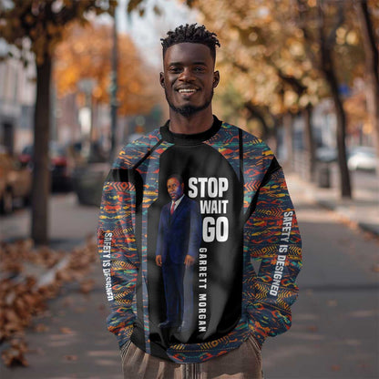 Garrett Morgan Sweatshirt with Full Body Portrait, Stop Wait Go Quote, Traffic Light Design - African Pride