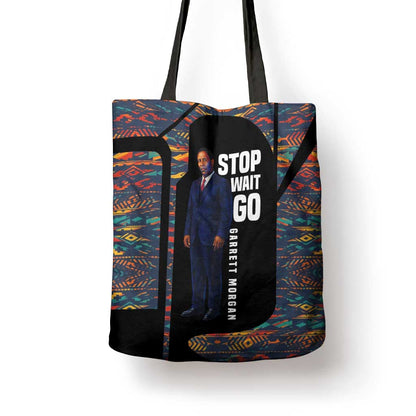 Garrett Morgan Tote Bag with Full Body Portrait, Stop Wait Go Quote, Traffic Light Design - African Pride