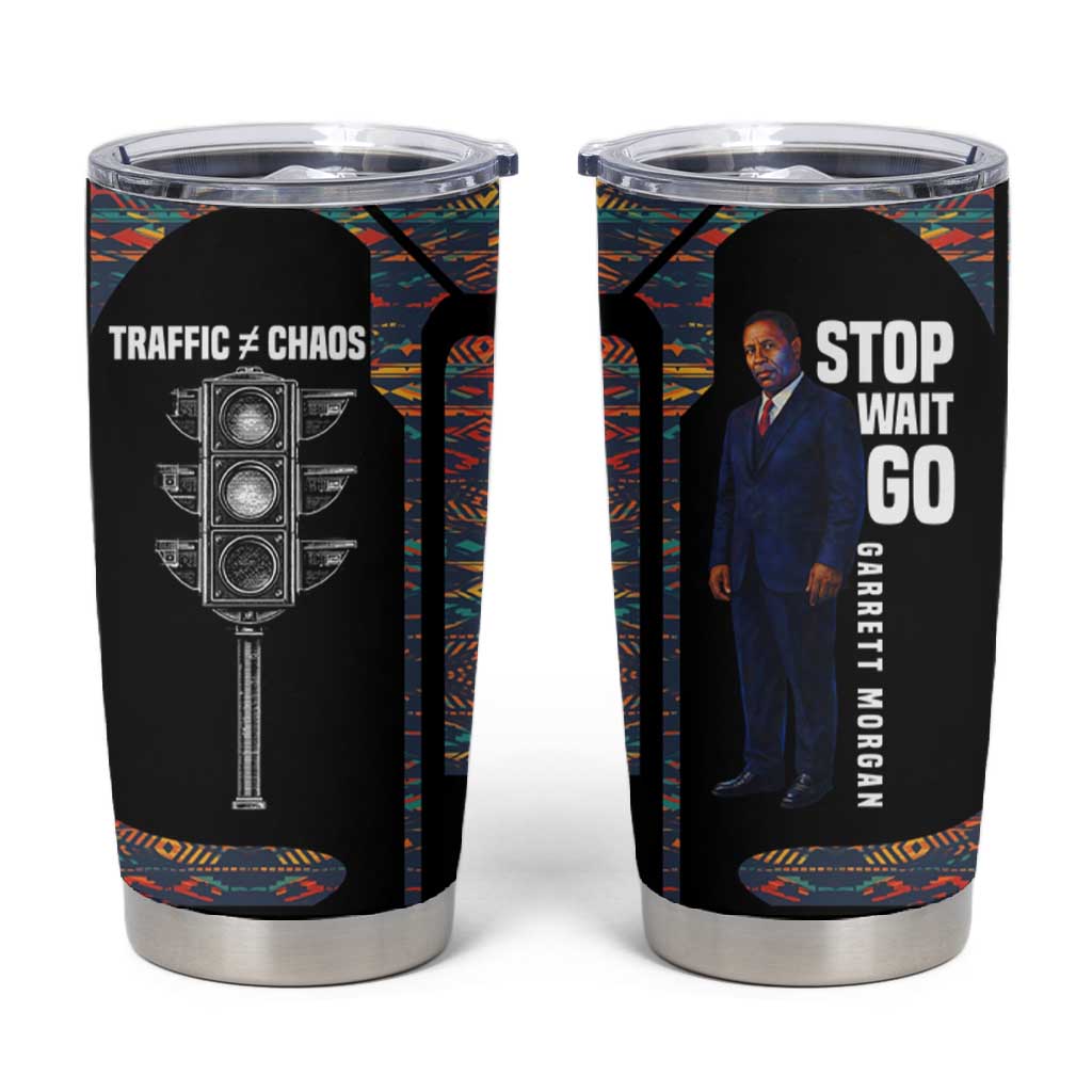Garrett Morgan Tumbler Cup with Full Body Portrait, Stop Wait Go Quote, Traffic Light Design - African Pride