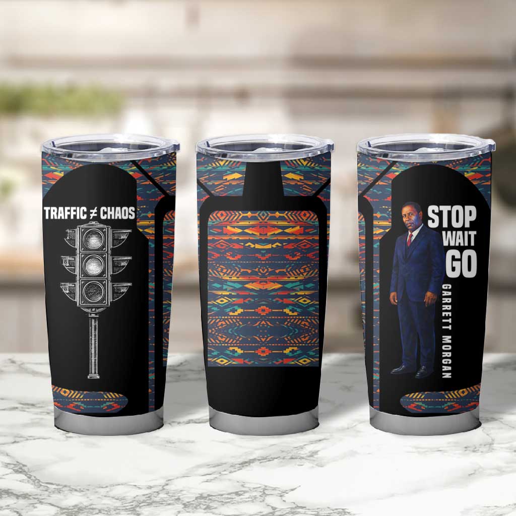 Garrett Morgan Tumbler Cup with Full Body Portrait, Stop Wait Go Quote, Traffic Light Design - African Pride