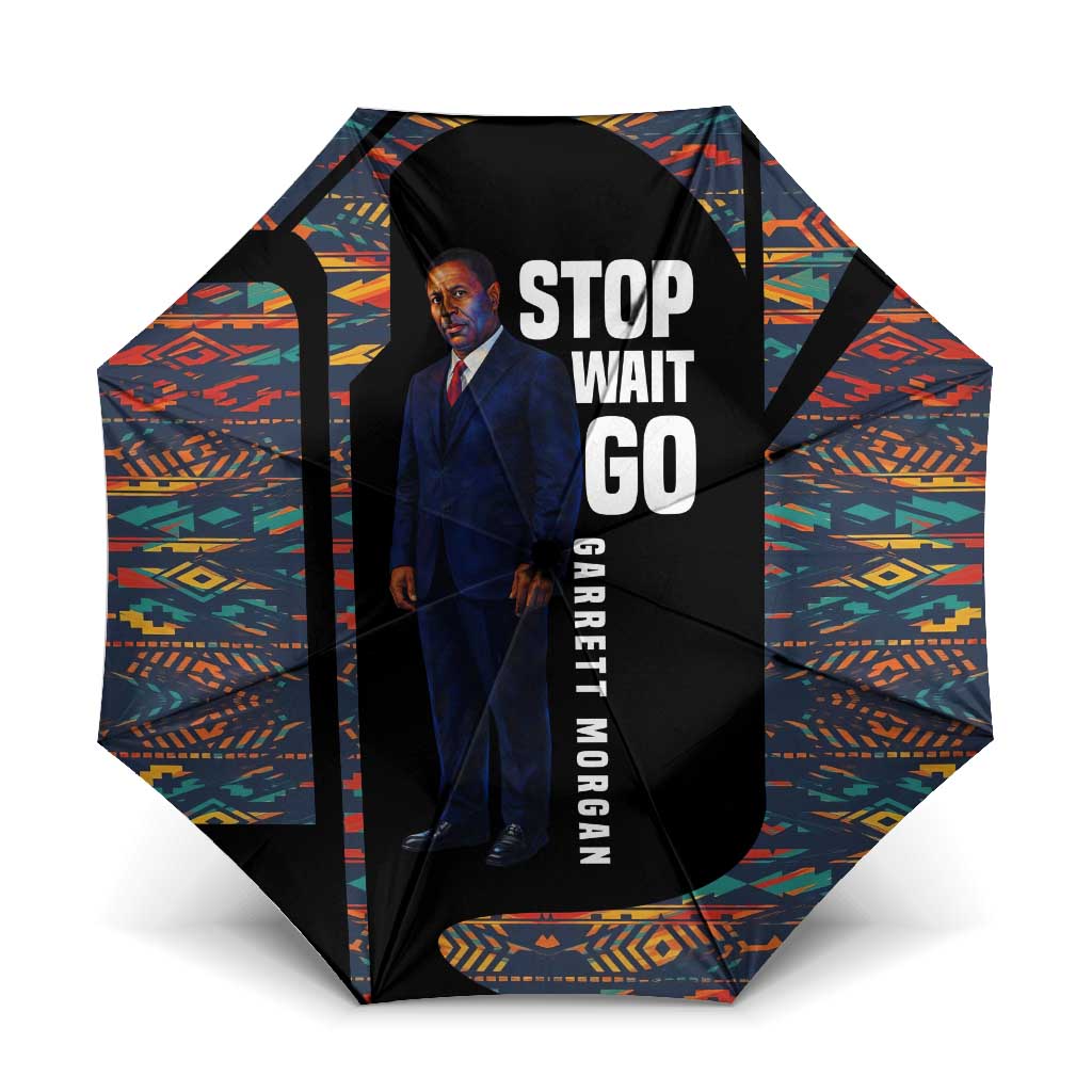 Garrett Morgan Umbrella with Full Body Portrait, Stop Wait Go Quote, Traffic Light Design - African Pride