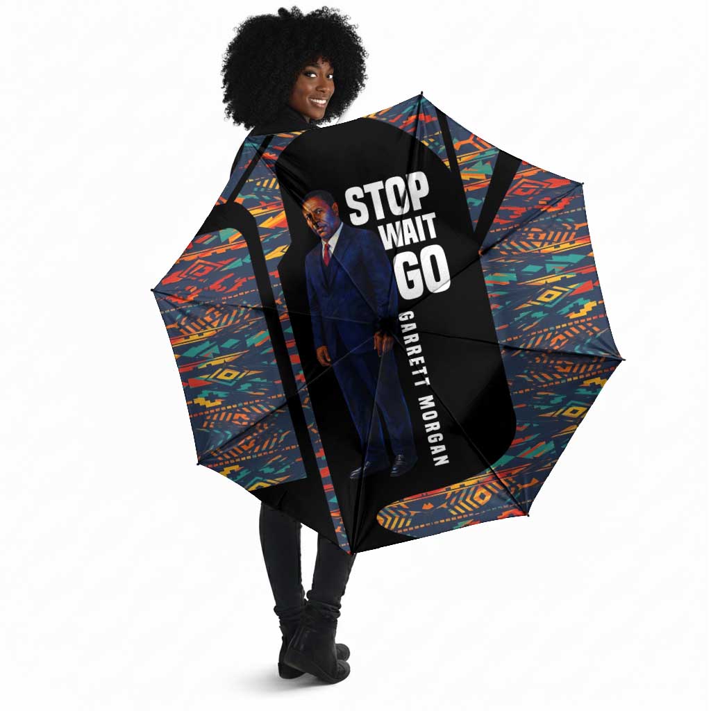 Garrett Morgan Umbrella with Full Body Portrait, Stop Wait Go Quote, Traffic Light Design - African Pride