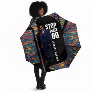 Garrett Morgan Umbrella with Full Body Portrait, Stop Wait Go Quote, Traffic Light Design - African Pride