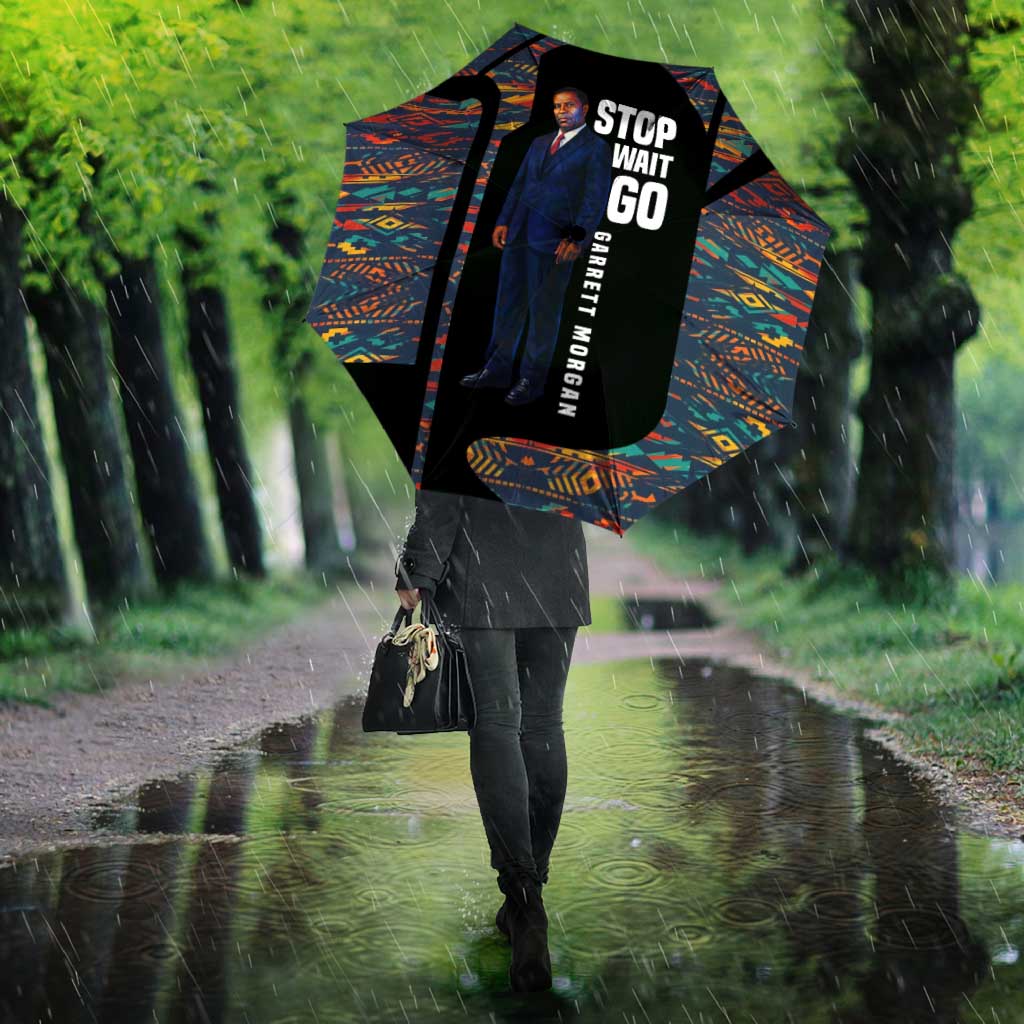Garrett Morgan Umbrella with Full Body Portrait, Stop Wait Go Quote, Traffic Light Design - African Pride