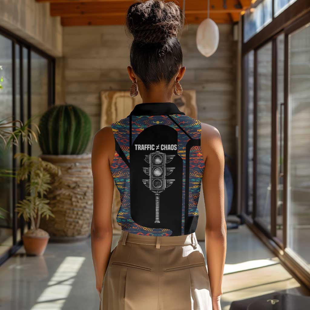 Garrett Morgan Women Sleeveless Polo Shirt with Full Body Portrait, Stop Wait Go Quote, Traffic Light Design - African Pride