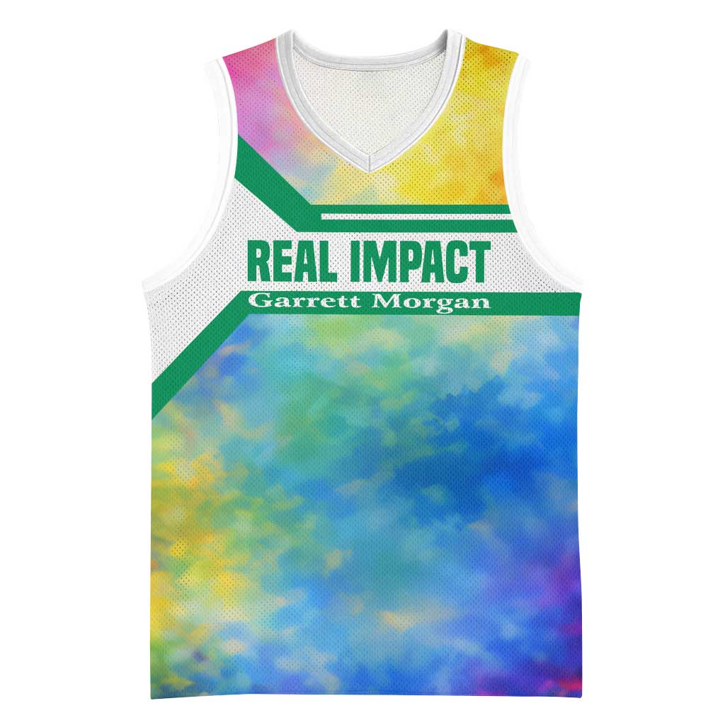 Garrett Morgan Basketball Jersey with Real Impact Quote, Black Inventor Portrait and Vibrant Watercolor - African Pride