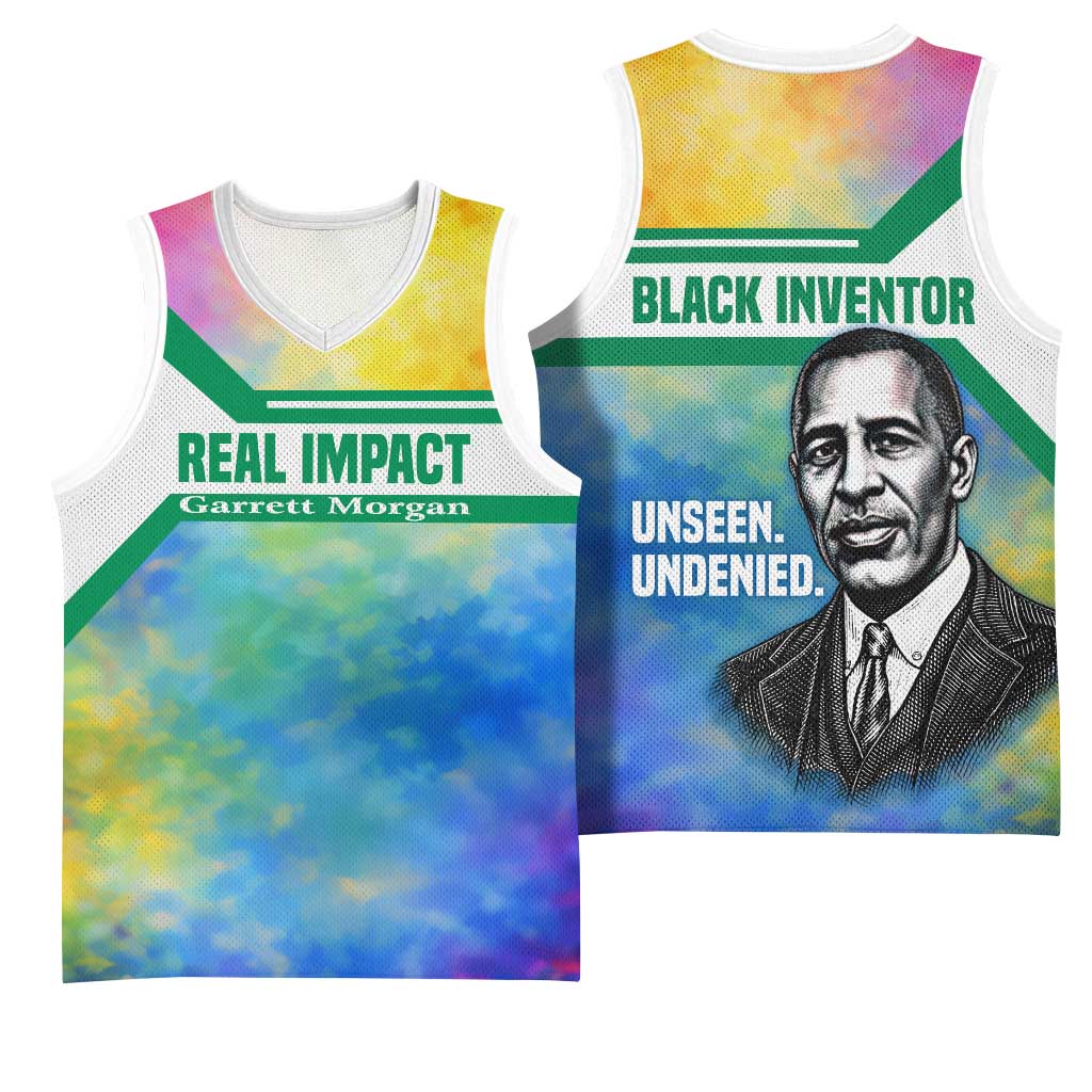 Garrett Morgan Basketball Jersey with Real Impact Quote, Black Inventor Portrait and Vibrant Watercolor - African Pride
