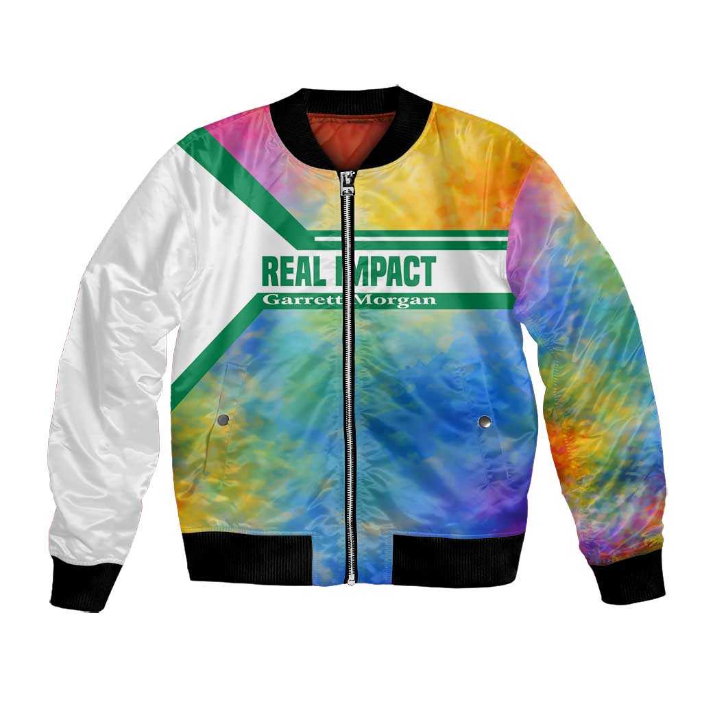 Garrett Morgan Bomber Jacket with Real Impact Quote, Black Inventor Portrait and Vibrant Watercolor - African Pride
