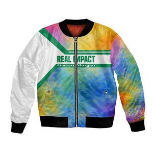 Garrett Morgan Bomber Jacket with Real Impact Quote, Black Inventor Portrait and Vibrant Watercolor - African Pride