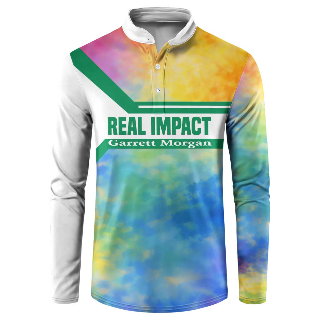 Garrett Morgan Button Sweatshirt with Real Impact Quote, Black Inventor Portrait and Vibrant Watercolor