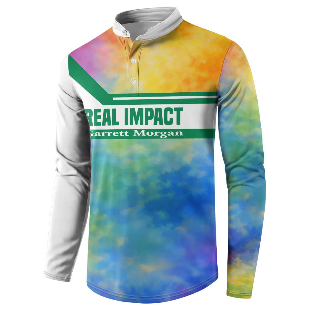 Garrett Morgan Button Sweatshirt with Real Impact Quote, Black Inventor Portrait and Vibrant Watercolor