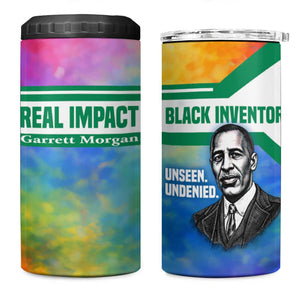 Garrett Morgan 4 in 1 Can Cooler Tumbler with Real Impact Quote, Black Inventor Portrait and Vibrant Watercolor - African Pride