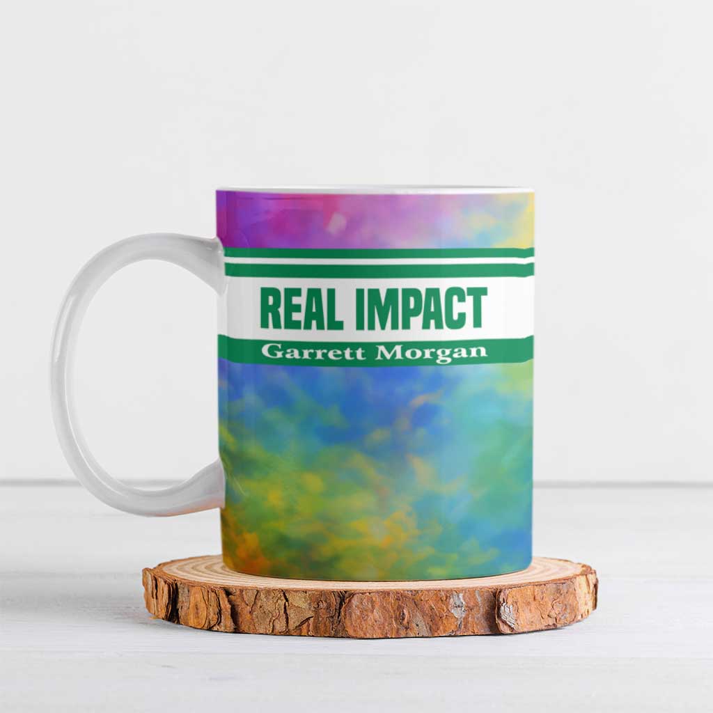 Garrett Morgan Ceramic Mug with Real Impact Quote, Black Inventor Portrait and Vibrant Watercolor - African Pride