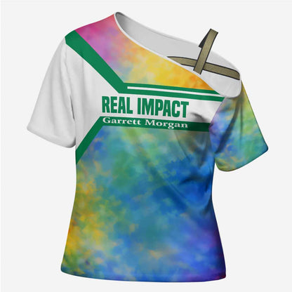 Garrett Morgan Cross Shoulder Shirt with Real Impact Quote, Black Inventor Portrait and Vibrant Watercolor - African Pride