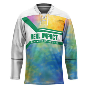 Garrett Morgan Hockey Jersey with Real Impact Quote, Black Inventor Portrait and Vibrant Watercolor - African Pride