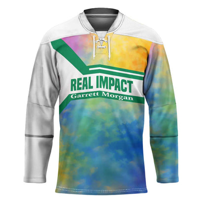 Garrett Morgan Hockey Jersey with Real Impact Quote, Black Inventor Portrait and Vibrant Watercolor - African Pride