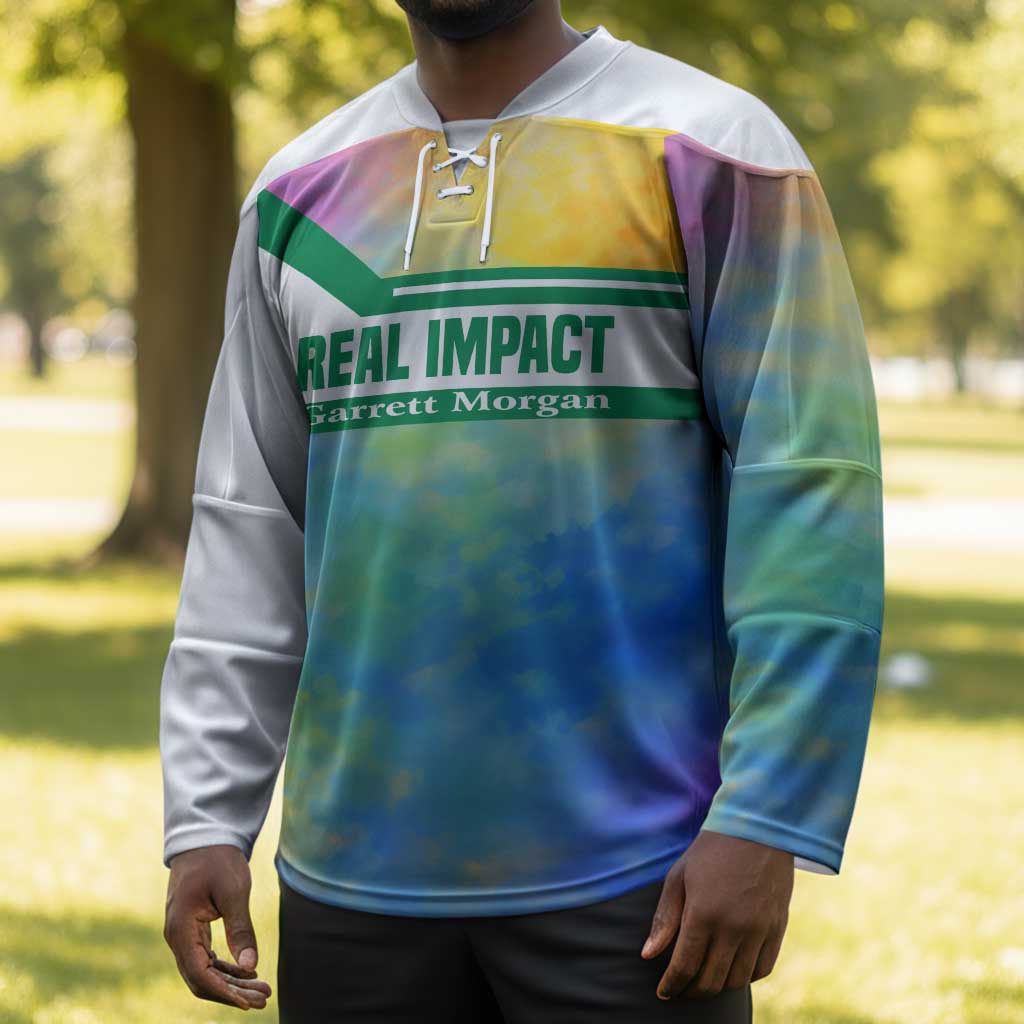 Garrett Morgan Hockey Jersey with Real Impact Quote, Black Inventor Portrait and Vibrant Watercolor - African Pride
