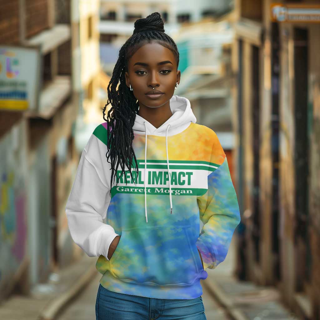 Garrett Morgan Hoodie with Real Impact Quote, Black Inventor Portrait and Vibrant Watercolor - African Pride