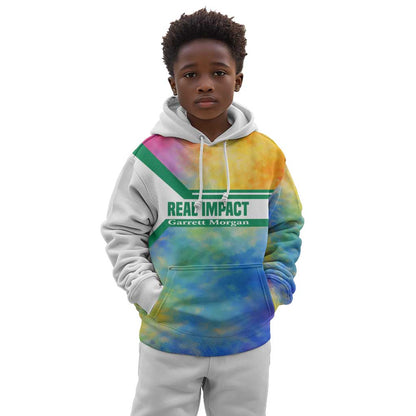 Garrett Morgan Kid Hoodie with Real Impact Quote, Black Inventor Portrait and Vibrant Watercolor - African Pride