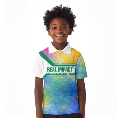 Garrett Morgan Kid Polo Shirt with Real Impact Quote, Black Inventor Portrait and Vibrant Watercolor - African Pride