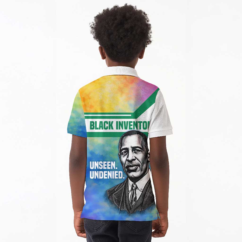 Garrett Morgan Kid Polo Shirt with Real Impact Quote, Black Inventor Portrait and Vibrant Watercolor - African Pride