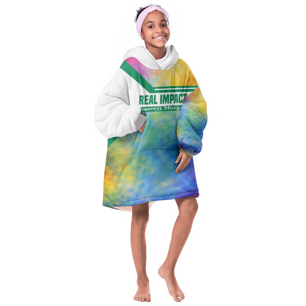 Garrett Morgan Kid Wearable Blanket Hoodie with Real Impact Quote, Black Inventor Portrait and Vibrant Watercolor - African Pride