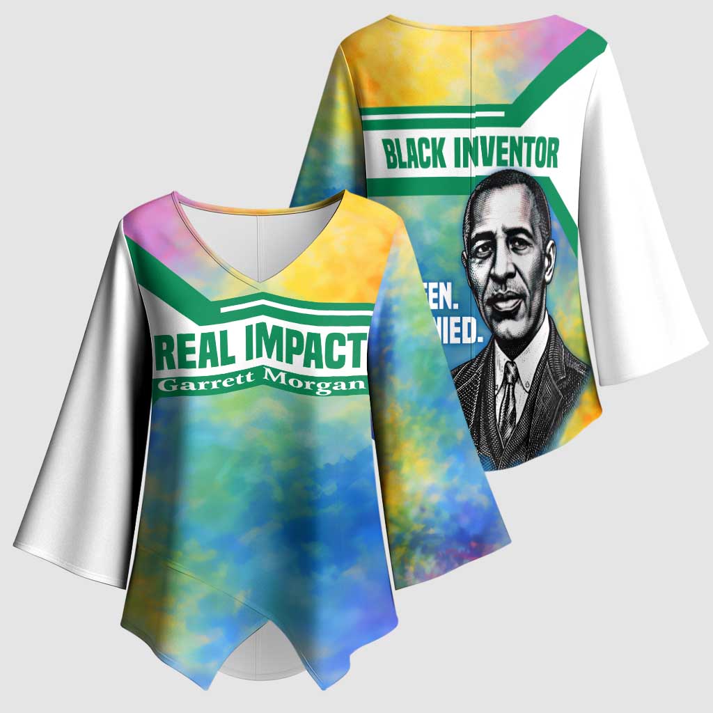 Garrett Morgan Kimono Sleeve Blouse with Real Impact Quote, Black Inventor Portrait and Vibrant Watercolor - African Pride