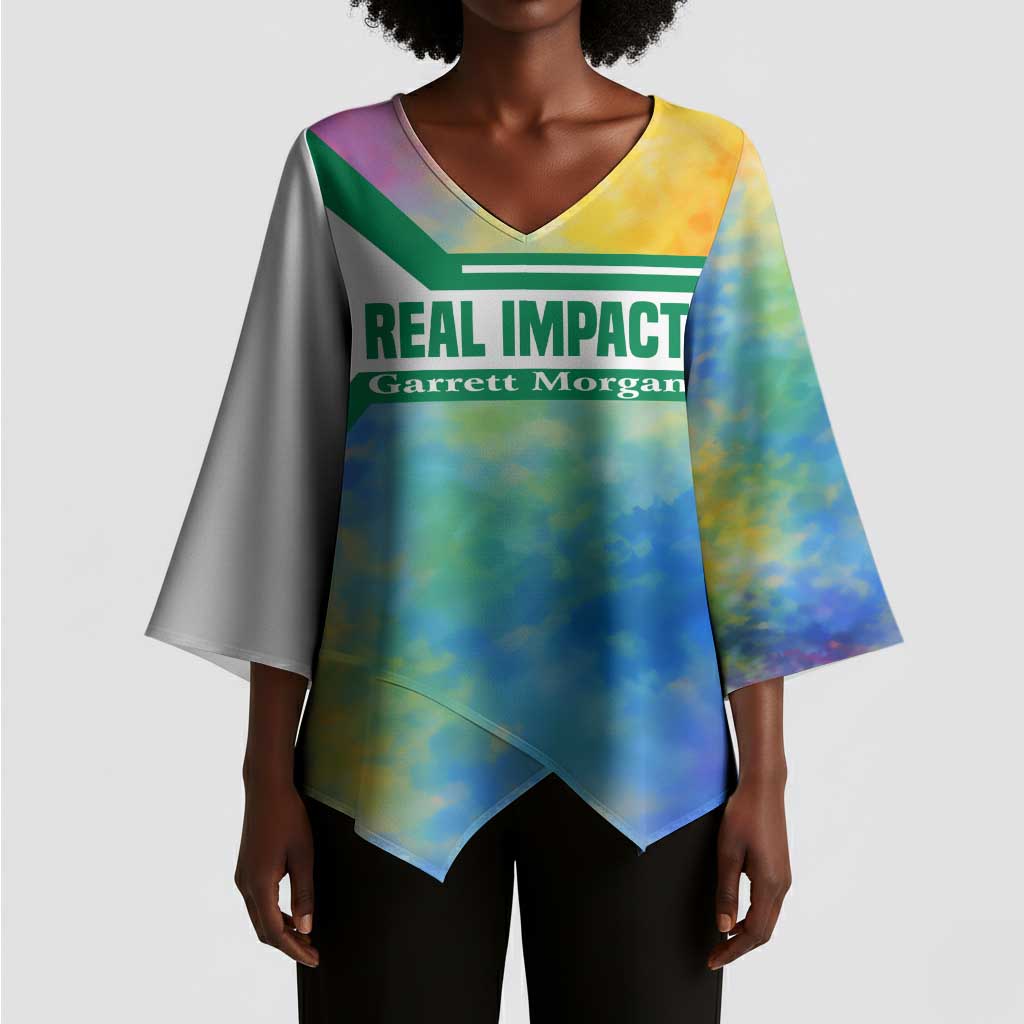 Garrett Morgan Kimono Sleeve Blouse with Real Impact Quote, Black Inventor Portrait and Vibrant Watercolor - African Pride