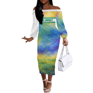 Garrett Morgan Off The Shoulder Long Sleeve Dress with Real Impact Quote, Black Inventor Portrait and Vibrant Watercolor - African Pride