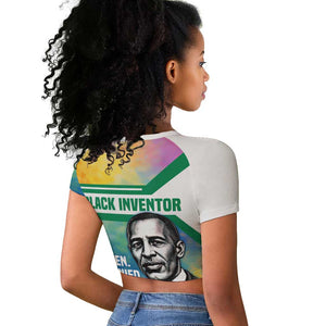 Garrett Morgan Raglan Cropped T shirt with Real Impact Quote, Black Inventor Portrait and Vibrant Watercolor - African Pride