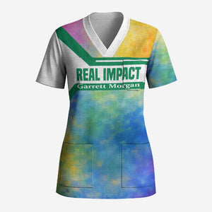 Garrett Morgan Scrub Top with Real Impact Quote, Black Inventor Portrait and Vibrant Watercolor - African Pride