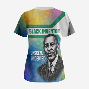 Garrett Morgan Scrub Top with Real Impact Quote, Black Inventor Portrait and Vibrant Watercolor - African Pride