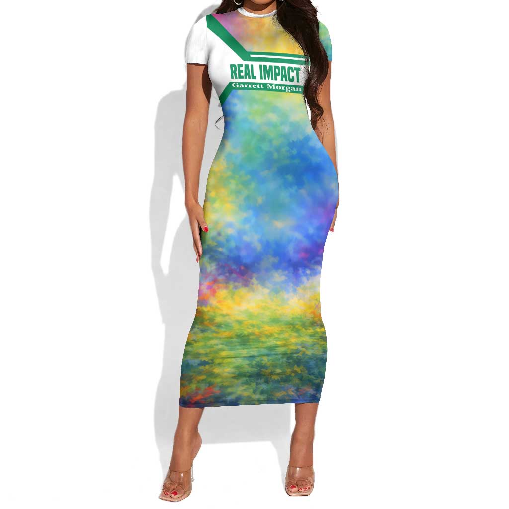 Garrett Morgan Short Sleeve Bodycon Dress with Real Impact Quote, Black Inventor Portrait and Vibrant Watercolor - African Pride